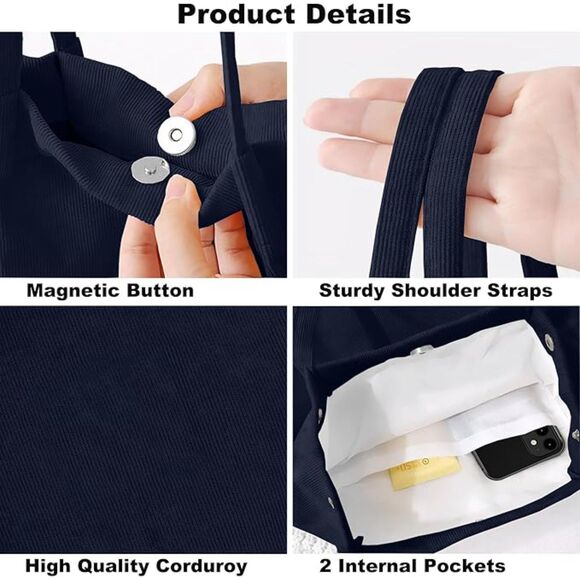 Women Navy Blue Imported Corduroy Small Canvas Shoulder Handy Tote Bag - Picture 4 of 4